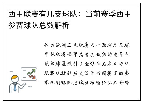 西甲联赛有几支球队：当前赛季西甲参赛球队总数解析