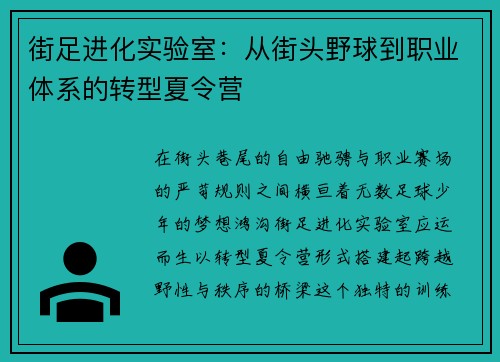 街足进化实验室：从街头野球到职业体系的转型夏令营