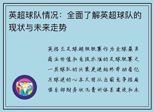 英超球队情况：全面了解英超球队的现状与未来走势